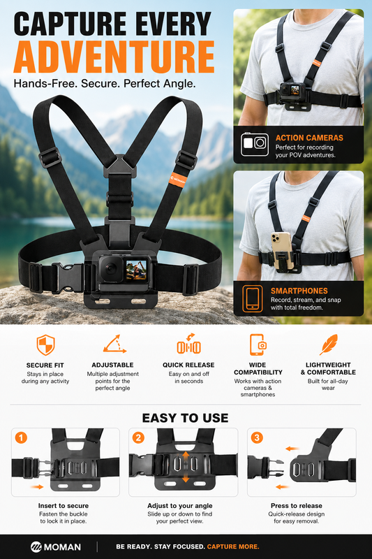 Hands-Free Chest Mount Strap for Phones & Action Cameras – Adjustable Harness for Hiking, Running & Cycling