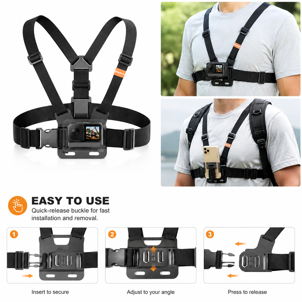 Hands-Free Chest Mount Strap for Phones & Action Cameras – Adjustable Harness for Hiking, Running & Cycling